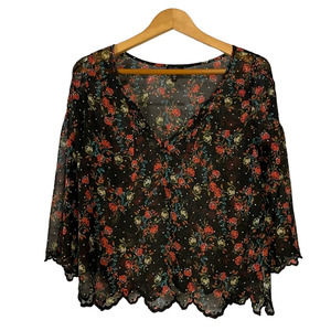 Black Mini Floral Sheer 3/4 Sleeve Scalloped Trim Blouse Size Medium M
